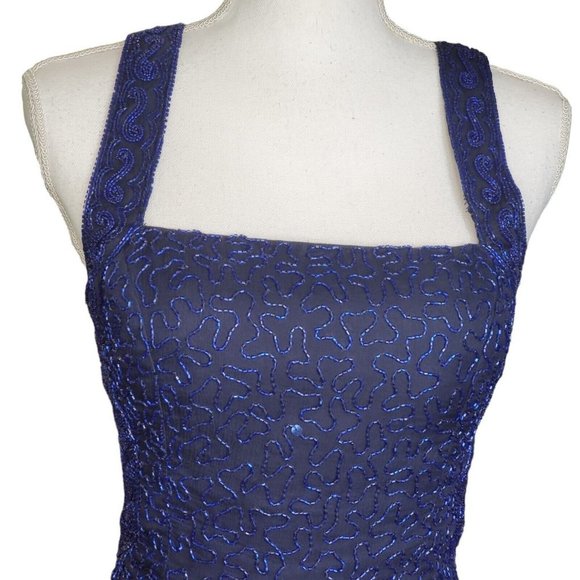 Vintage 90s Scala Navy Blue Beaded Silk Long Gown Cutouts Sz 2 4 - Picture 3 of 15